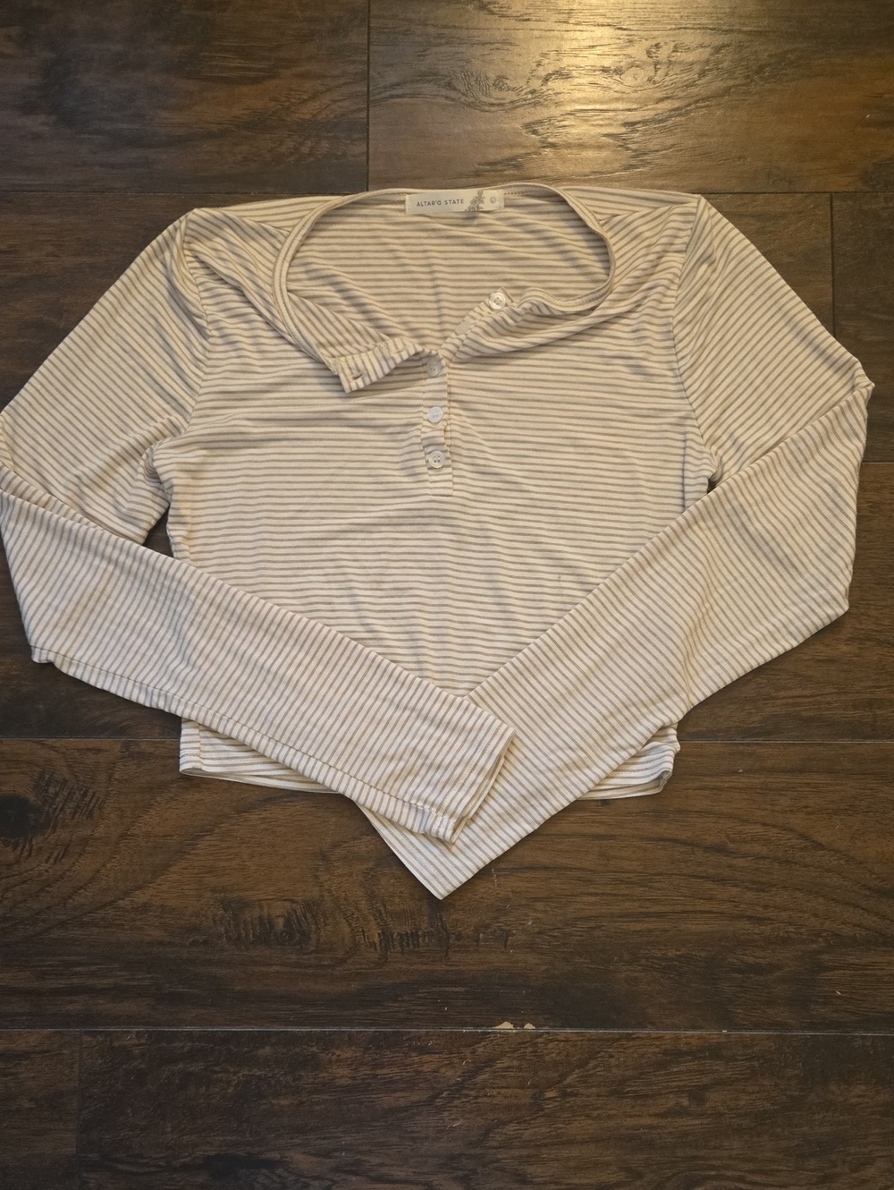 Altar'd State Cream and Light Gray Striped Henley Top